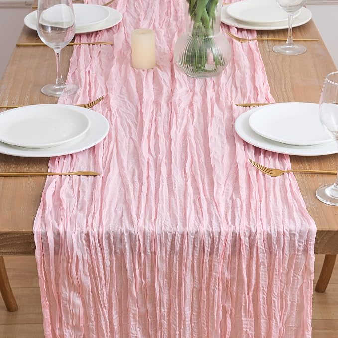 Asee'm 2pcs Blush Pink Cheesecloth Table Runner Summer 10FT Gauze Sheer | Boho - Image 2