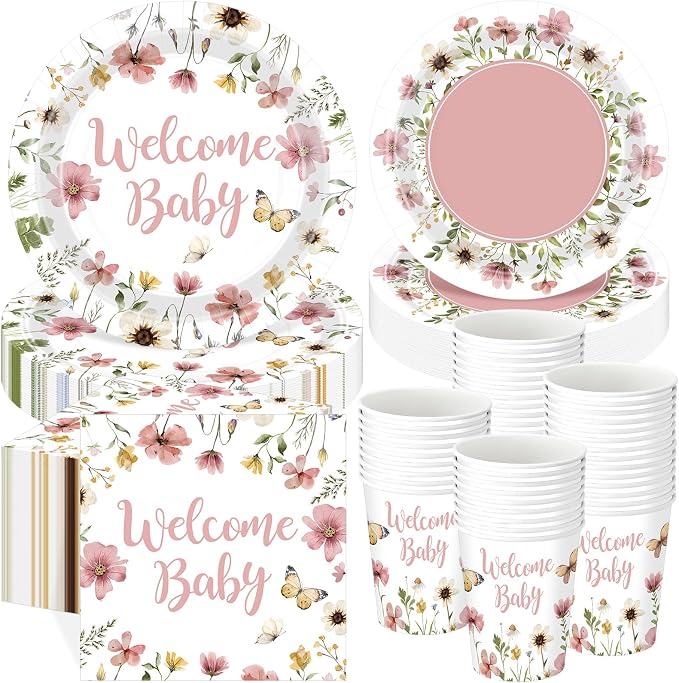 Pickmesh 250 Pcs Pink Floral Baby Shower Party Supplies Decorations Serve 50 by Pickmesh
