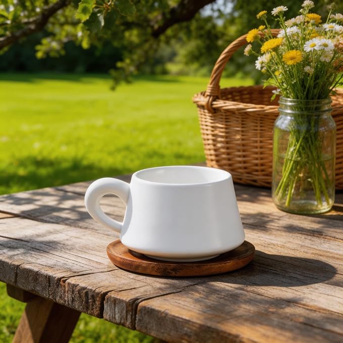 Set of 1 Ceramic Tea White Cup and Wood Saucer - 7 oz Tea Mug - Wide Cappuccino - Image 7