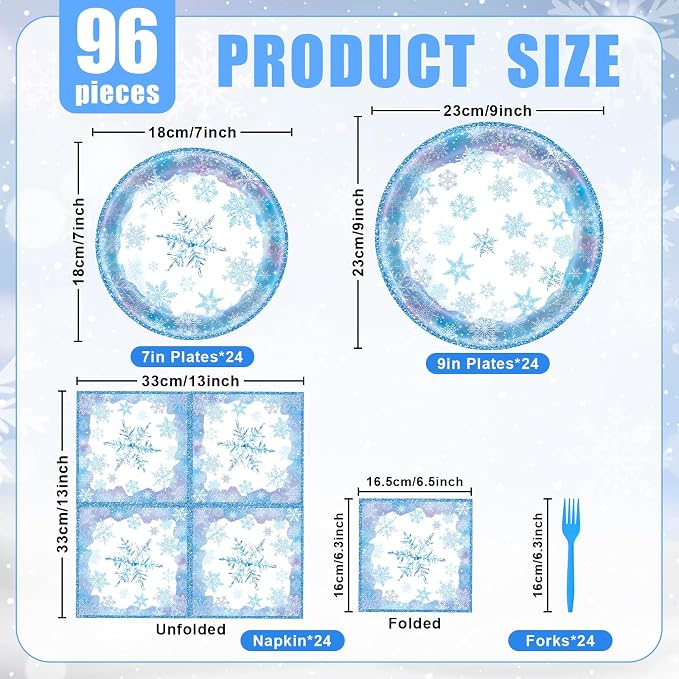 96 Pieces Snowflake Winter Tableware Set – Blue Disposable Plates, and Forks - Image 2