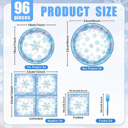 96 Pieces Snowflake Winter Tableware Set – Blue Disposable Plates, and Forks - Image 2