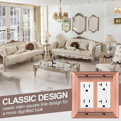 Metal Wall Plate for Electrical Outlets, Decorative Antique Copper Switch Plates Outlet Cover, Light Switch Cover Plate, 2-Gang Wall Plates (Double Decorator, 2 Pack)