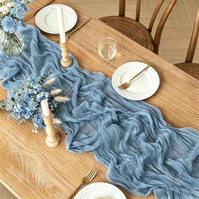 3Pcs Blue Table Runner, 10FT Boho Dust Blue Cheesecloth Table Runners 35*120inch - Image 2