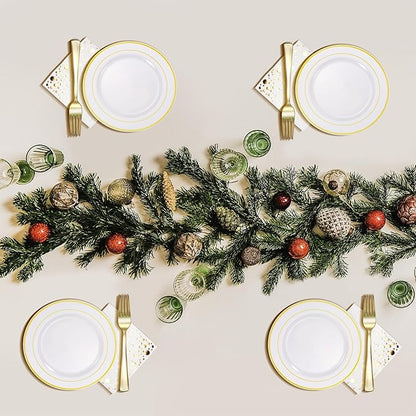 The Essential Concierge Stylish 7.5 Inch Gold Dessert Plates with Disposable Cups, Forks and Cocktail Napkins (100 Set) - White and Gold Plastic Dessert and Cake Plates for Wedding or Receptions