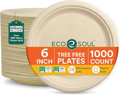 ECO SOUL Compostable Paper Plates 6 Inch (1000 Count) Plates for Dessert, Heavy Duty, Eco-Friendly Sugarcane Bagasse Small Plates For Appetizer- Natural Brown
