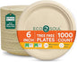 ECO SOUL Compostable Paper Plates 6 Inch (1000 Count) Plates for Dessert, Heavy Duty, Eco-Friendly Sugarcane Bagasse Small Plates For Appetizer- Natural Brown