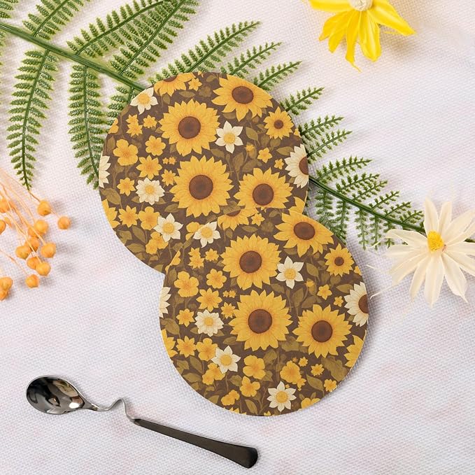 Sunflower Cow Leather Skin Brown Pattern Aesthetic Drink Coasters 4 Piecing Set - Image 3