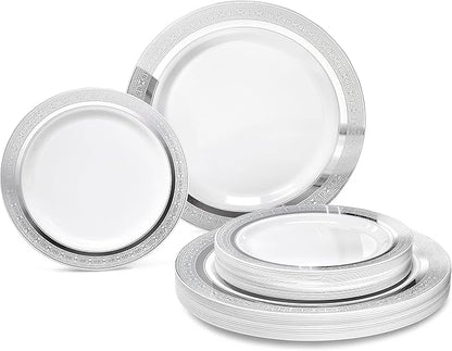 OCCASIONS 120 Plates Pack,(60 Guests) Heavyweight Premium Wedding Party Disposable Plastic Plates Set -60 x 10.5'' Dinner + 60 x 7.5'' Salad/Dessert (Palace White & Silver)