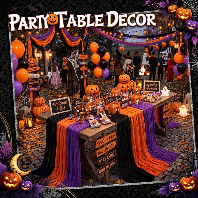 12 Pcs Halloween Cheesecloth Gauze Table Runners Black Orange Purple | Holiday - Image 3