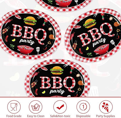 Grencian 50 Pcs BBQ Birthday Party Supplies 10" × 12" Large Red Gingham and Black BBQ Oval Paper Plates Disposable Heavy Duty BBQ Party Plates for Picnic Barbecue Baby Shower Birthday Decorations