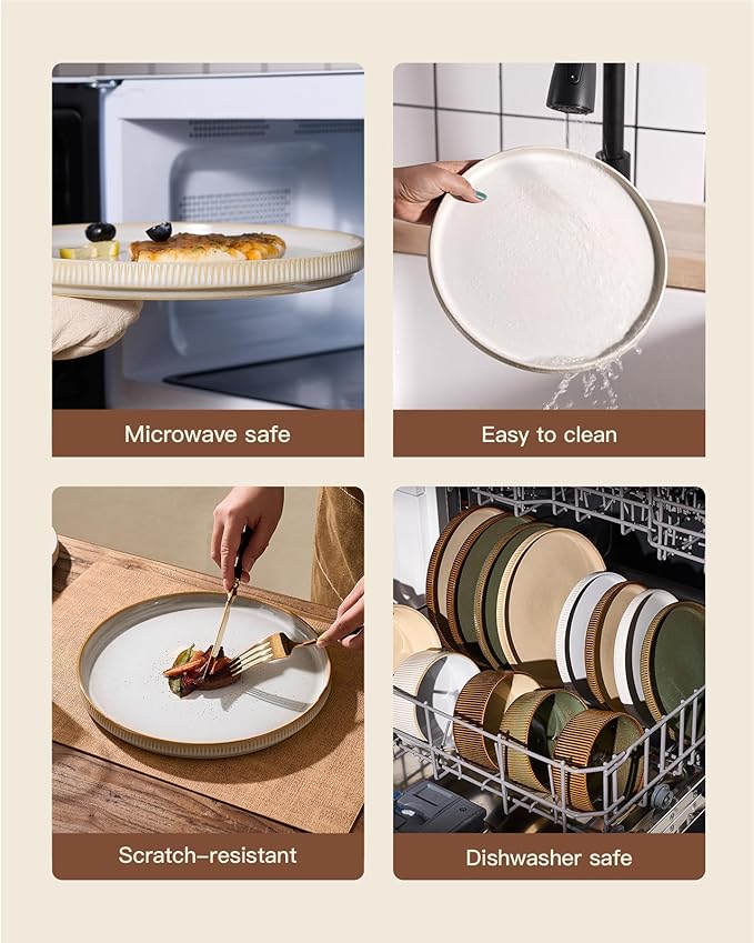 Stoneware Dinnerware Set for 4, Cappuccino White Dishes | 12 pcs Ceramic Plates - Image 6