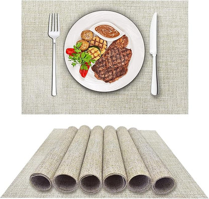 DACHUI Placemats Set of 4, Linen Look Woven Place Mats, Water Resistant, Heat Resistant, Washable, Durable Table Mats (Beige White)