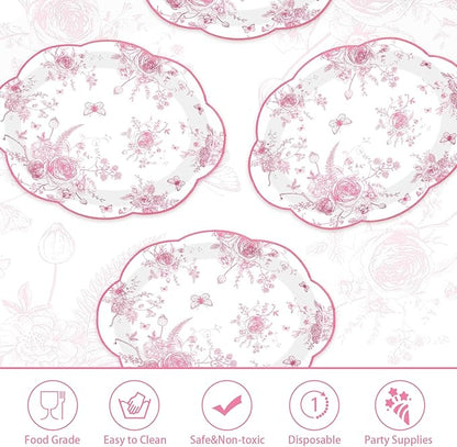 50Pcs Pink Floral Oval Paper Plates 10" x 12" Large Pink and White Floral Scalloped Plates Disposable Heavy Duty Vintage Flower Dessert Platters for Wedding Bridal Shower Decoration Tea Party Supplies
