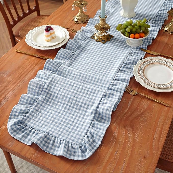 HunnmingRe 1 Pc Gingham Table Runner Blue, 118 X 13.8 Inch | Cotton Dresser - Image 4