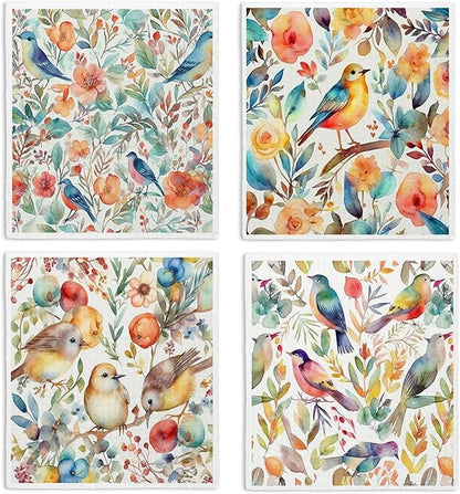 Vintage Bird Flowers Swedish Dishcloths for Kitchen, Papaya Reusable Paper Towels, 4 Pack Watercolor Dish Towels for Kitchen, Swedish Dish Cloths, Reusable Paper Towels Washable
