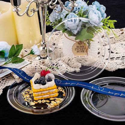 I00000 100Pcs Clear Silver Plastic Plates,Silver Rim Plates 7 Inch,Heavy Duty Premium Clear Dish for Wedding Party Supplies for Salad Dessert Cake