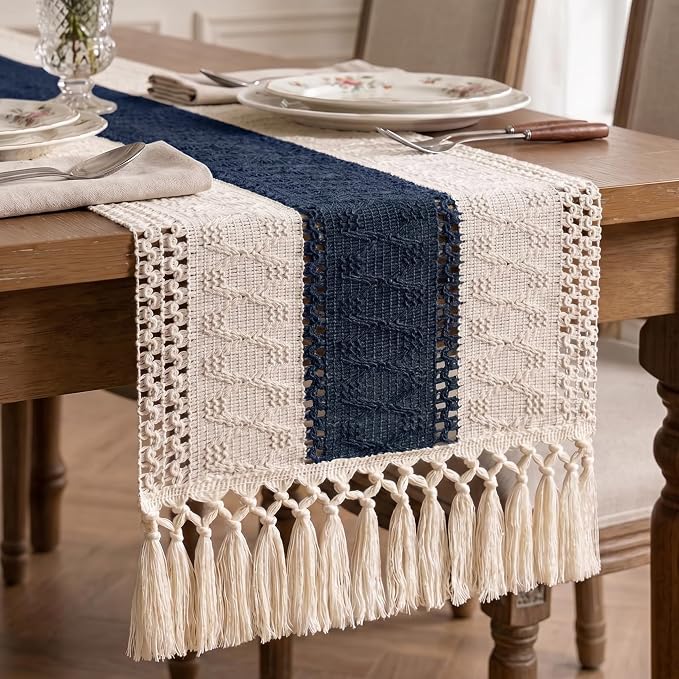 Boho Macrame Table Runner with Tassels 36in Blue Farmhouse Runner | Macrame by Xiomot