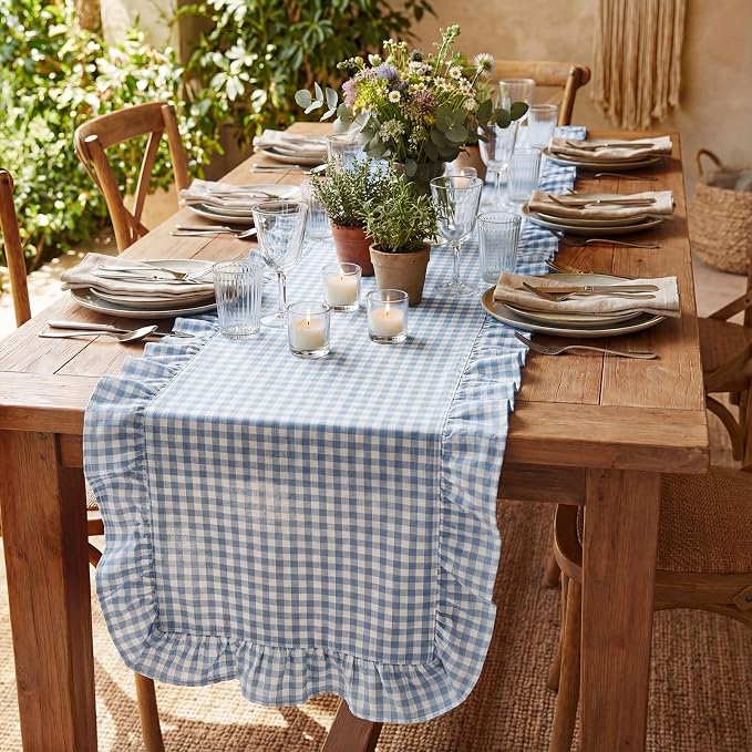 HunnmingRe 1 Pc Gingham Table Runner Blue, 118 X 13.8 Inch | Cotton Dresser - Image 7
