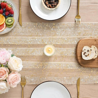 Artoid Mode Gold Gauze Champagne Table Runner 120 Inch 10FT, Glitter Metallic Foil Sheer Dining Wedding Anniversary Holiday Birthday Table Decor for Home Party