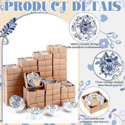96 Pcs Wedding Favors for Guests Small Ceramic Bowl Bulk Gifts Set 3.3 Inch Floral Design Mini Dipping Sauce Dish with Card Box for Bridal Pooja Baby Shower Birthday Guest Gift (Blue)