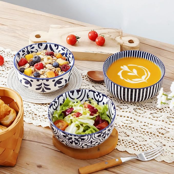 glowworm Cereal Bowls Set of 6, 26 Oz Soup Bowls, Bohemian Blue & White | - Image 8