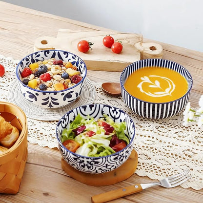 glowworm Cereal Bowls Set of 6, 26 Oz Soup Bowls, Bohemian Blue & White | - Image 8