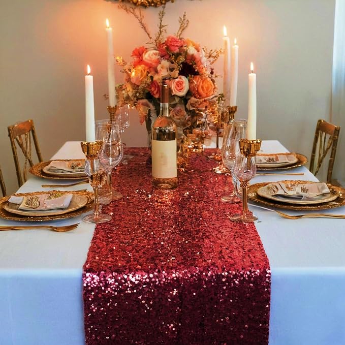 ShinyBeauty Sequin Table Runner Burgundy 12 by 108 Inch Wine Sparkle Sequence - Image 5
