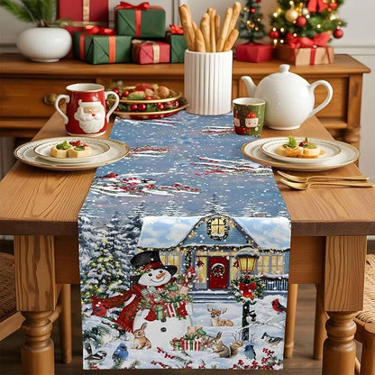 Merry Christmas Table Runner 72 Inches Long, Xmas Trees Snowman Snowflake Table - Image 5