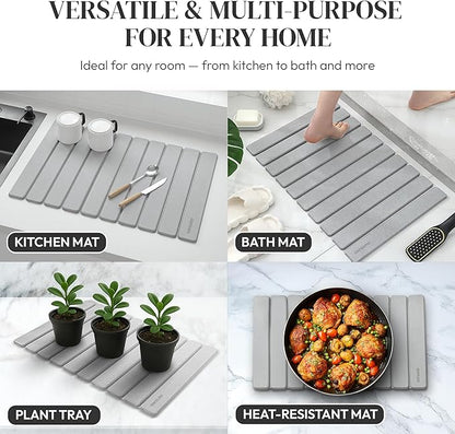Large Stone Drying Mat for Kitchen Counter, Ultra-Absorbent & Quick Drying, Foldable Diatomaceous Earth Dish Drying Mat, Durable & Non-slip Stone Dish Drying Mat for Dishes & Utensils, 24"×16"