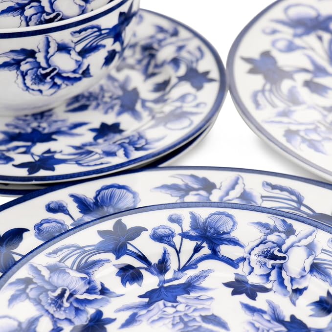 Elama Cattleya Orchid Design 16 Piece Round Porcelain Dinnerware Set in Blue - Image 6