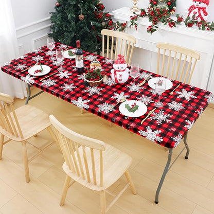 Smiry Plastic Christmas Tablecloth, Buffalo Plaid Waterproof Elastic Fitted Table Covers, Wipeable Flannel Backed Vinyl Tablecloths for Dinner, and New Year Celebration (Black & Red, 30x96 Inches)