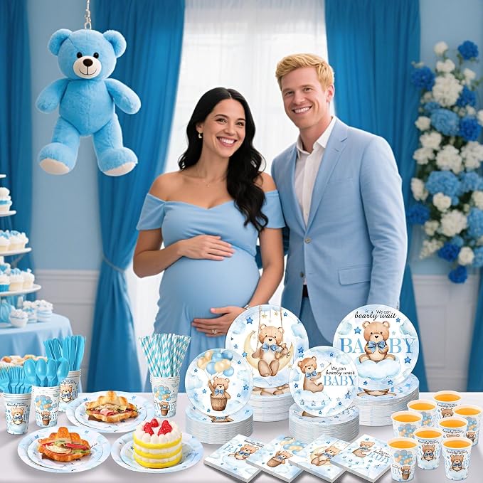 450 Pcs Blue Bear Baby Shower Tableware Set Decorations, Serves 50 | We Can - Image 4