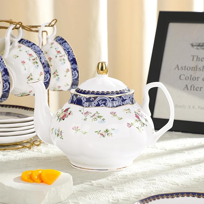 fanquare Bone China Tea Sets for Adults, 21-Piece Blue Lace and Roses Porcelain - Image 2