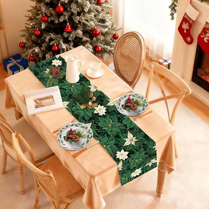 Green Poinsettia Table Runner Winter Floral Burlap Table Runners, Spring St - Image 5