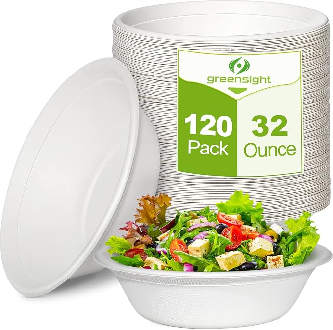 greensight Large Compostable Paper Bowls 32 oz, 120 Pack, Heavy Duty | by greensight