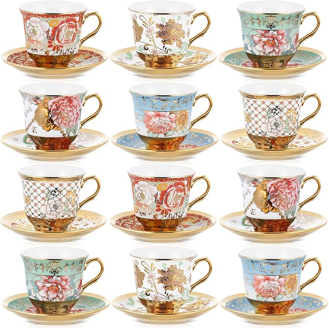 Teenyyou Set of 12 Tea Cups and Saucers Tea Party Decorations Floral Porcelain by Teenyyou