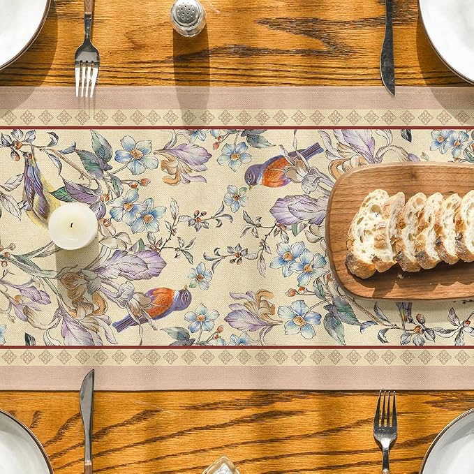Artoid Mode Beige Birds Floral Blossom Table Runner, Seasonal Flowers Spring - Image 7
