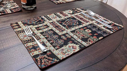 DaDa Bedding Turkish Batik Mughal Floral Tapestry Set of 4 Placemats - Woven Cotton Linen Kitchen Dining Table Mats - Multi-Colorful Black Vintage Indian Garden Ornament Dark Botanical - 13” x 19”
