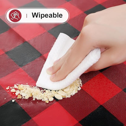misaya Rectangle Waterproof Vinyl Table Cloth, Buffalo Flannel Backed Tablecloth, Wipeable Plastic Table Cover for Christmas (52" x 70", Red and Black)