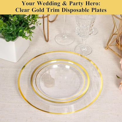 Goodluck 100PCS Clear Gold Plastic Plates, 10.25 Inch Dinner Plate with Silver Rim, Heavy Duty Disposable Plastic Plates for Party, Wedding, Birthday & Daily Use