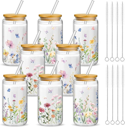 Mumufy 8 Pack Wildflower Glass Cups Gift Aesthetic Cute Glass Cup Tumbler by Mumufy