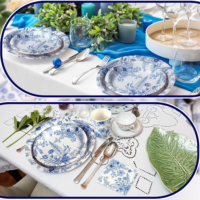 250 Pcs Blue Floral Paper Plates and Napkins Blue Bridal Shower Tea Party - Image 5