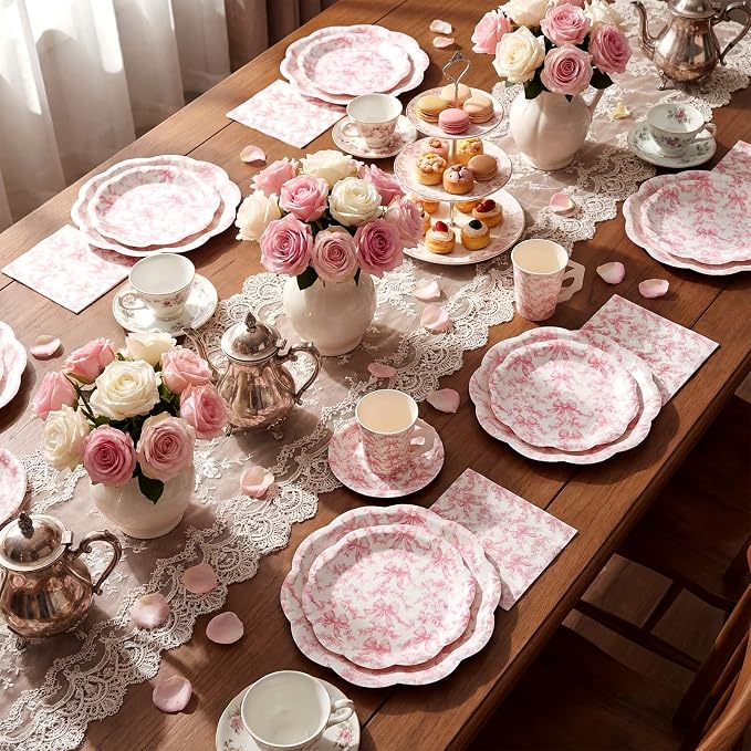 Pickmesh 252 Pcs Pink Bow Floral Tea Party Supplies - Image 3