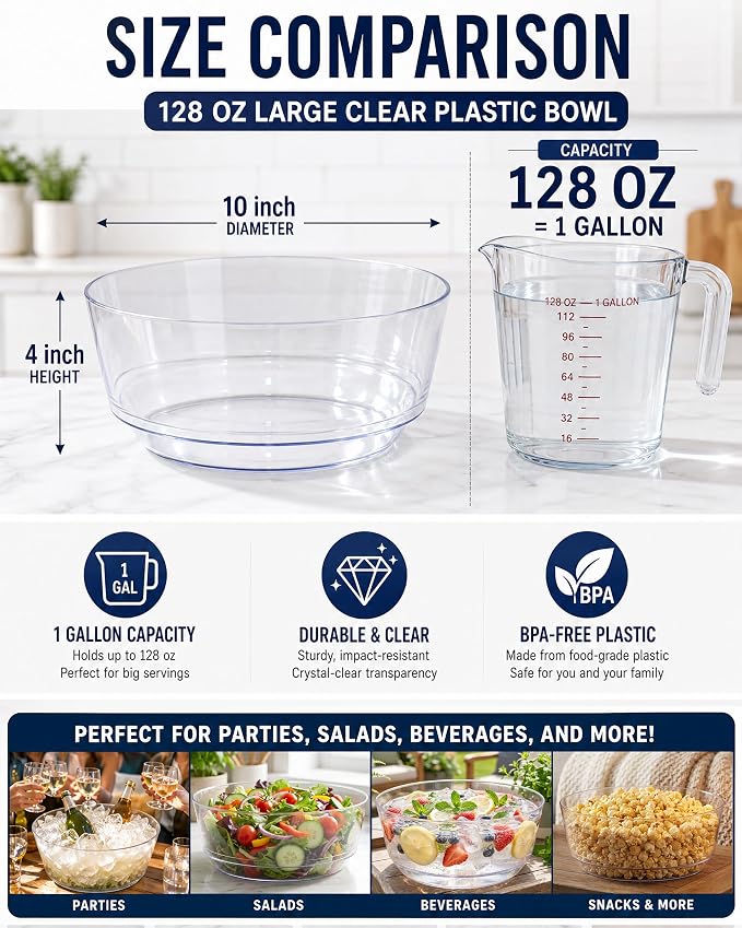 8 Pack Clear Serving Bowls for Buffet | 128oz Heavy Duty Disposable Plastic - Image 2