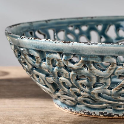 SIDUCAL Ceramic Fruit Bowl for Kitchen Counter,Decorative Fruit Basket with Holes, 10.43" Large Hollow Out Fruit Vegetable Holder Bowl for Table Decor, Gray