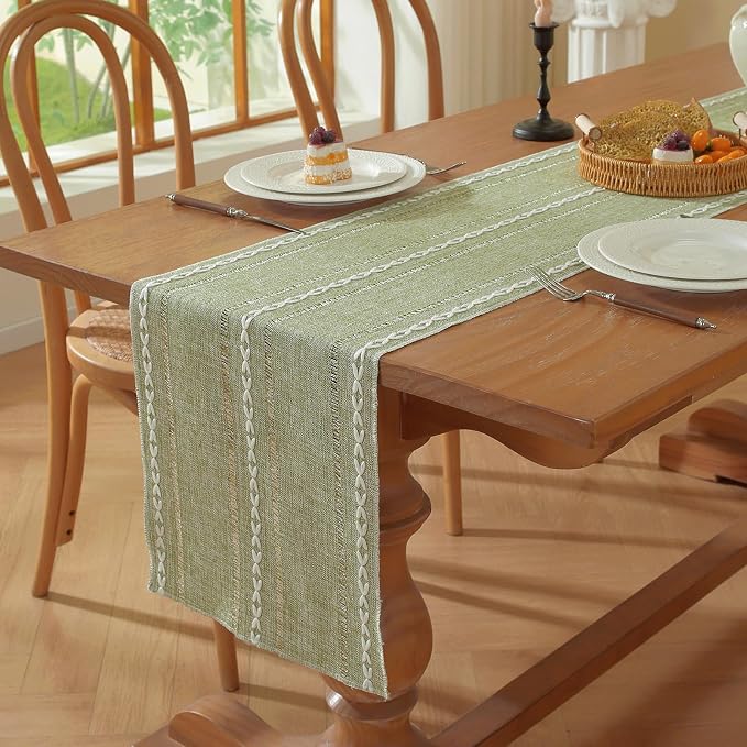 Sage Green Boho Cotton Linen Table Runner, Farmhouse Woven Table Runners Spring - Image 8