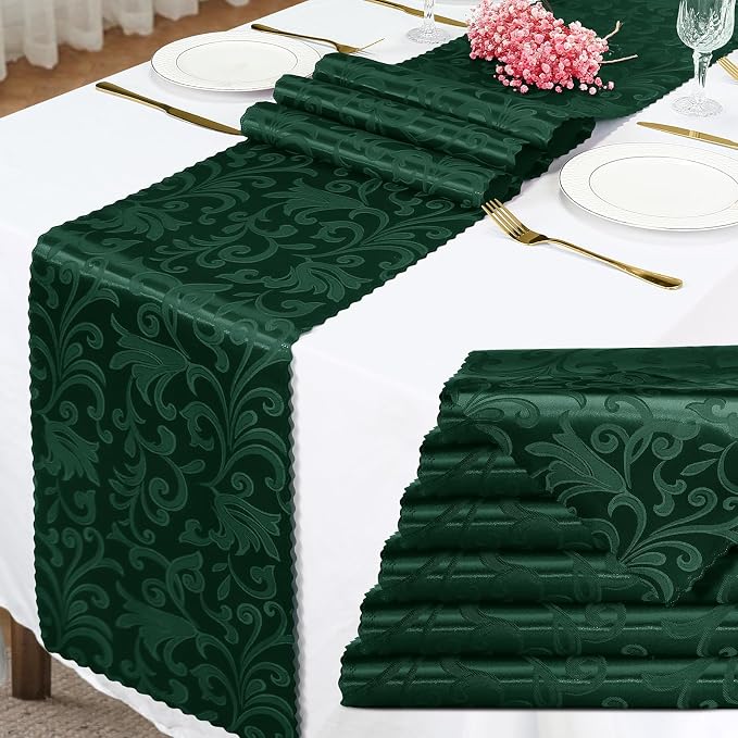 Green Satin Table Runner 12 x 108 Inch, 6 Pack | Bright Smooth Damask, Silky by Eychei