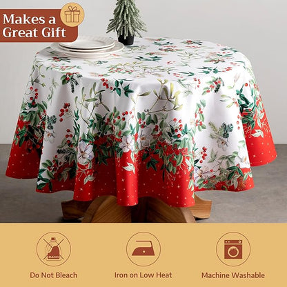 Maison d' Hermine Table Cloth Round Table 100% Cotton 69 Inches Fall Tablecloth Reusable Everyday Use for Thanksgiving Christmas Decorations Dining Farmhouse Party (Noel)
