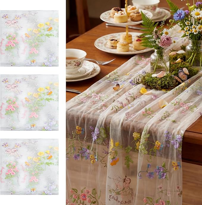 Ivory White Floral Table Runner 10ft Embroidery Tulle Spring Wildflower Table by Windkream