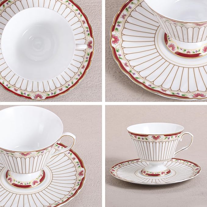 fanquare Nordic Style Tea Cup and Saucer, Classic Stripes Floral Teacup - Image 2